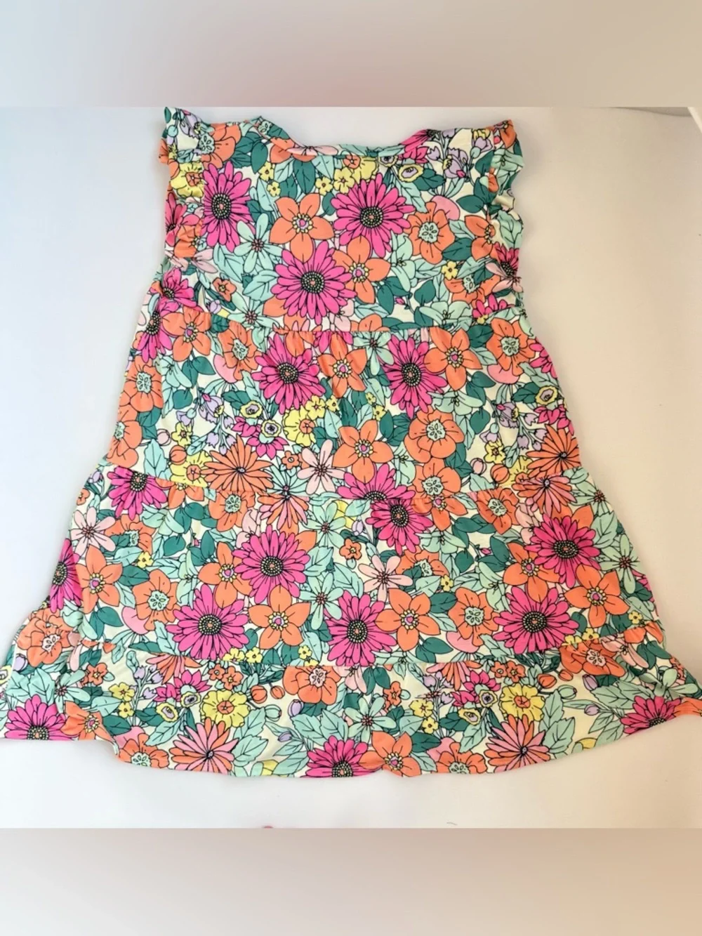 7th Ray Mod Floral Tiered Babydoll Mini Dress Stretch Size Large Made In USA